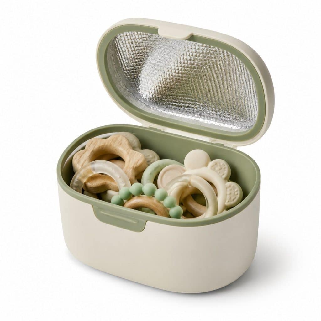 Boîte de rangement réfrigérante pour anneaux de dentition présenté seul
