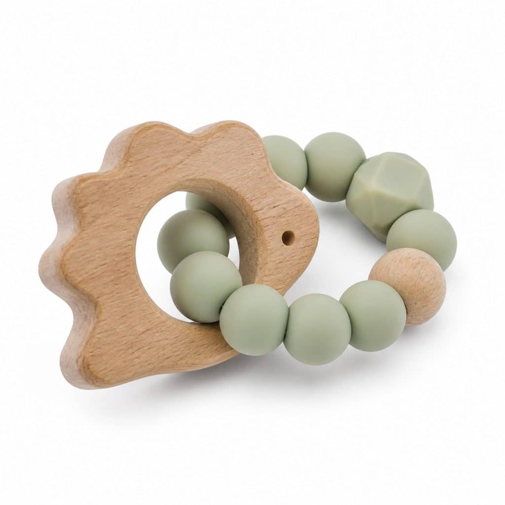 Jouet de dentition en bois et silicone présenté seul